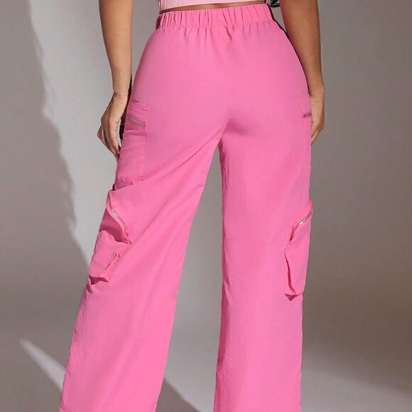 Hot Pink Casual Womens Zipper Patch Pocket Side Pants - Picture 2 of 5